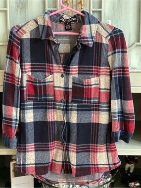 Soft Flannel Plaid Button-Up Shirt - Red, Navy & Cream M